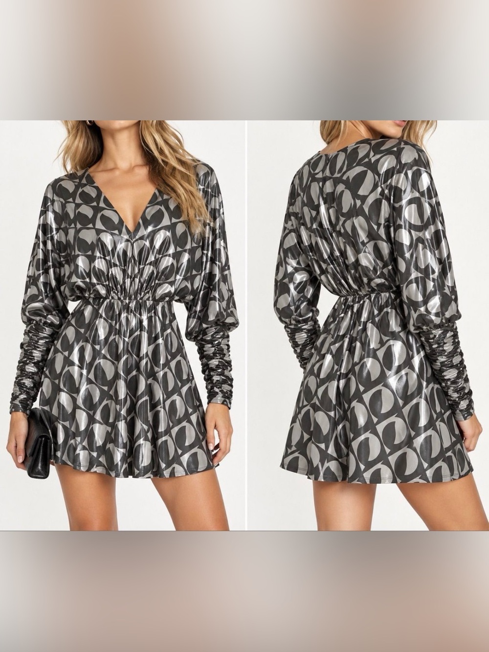 Nocturne Limited Edition metallic Geometric V-Neck Mini Dress Sz 40 NWT